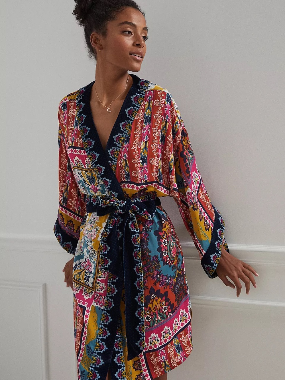 Anthropologie Multicolor Printed Satin Kimono Robe with Belt NWOT Size M/L